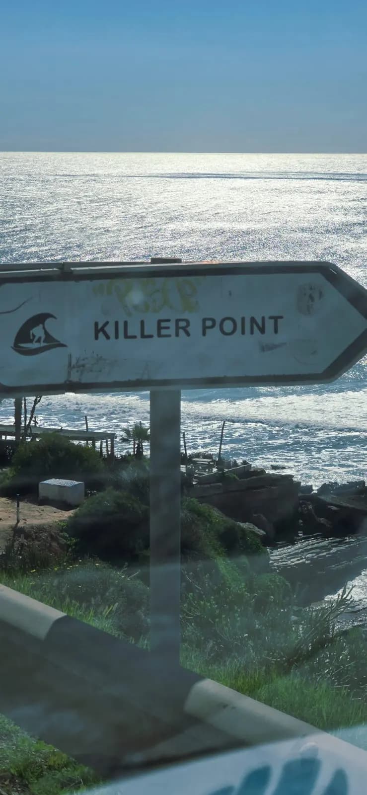 Road sign for Killer Point above Morocco's Atlantic coast