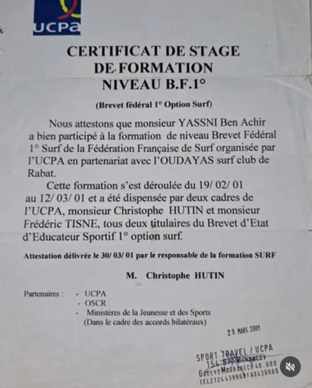 Archived 2001 UCPA surf training certificate for Ben Achir Yassni