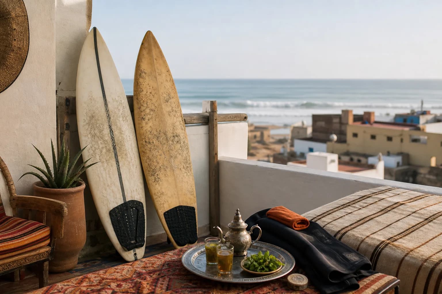 A warm Moroccan coastal scene near the surf area